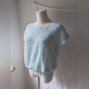VTG Large Short Sleeve Elastic Puff Waist Crochet Ramie Cotton Sweater Pastel